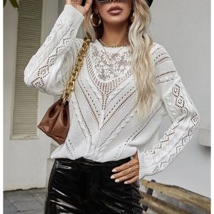 Lace Detail White Knit Long Sleeve Light Sweater Top